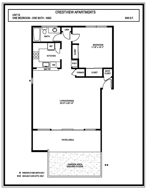 Floor plan for 1 bed, 1 bath, 948 sqft